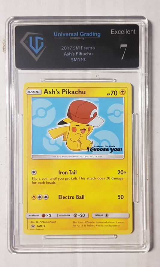 Ash's Pikachu Promo SM113 UNIVERSAL GRADING 7.0 (RJD)